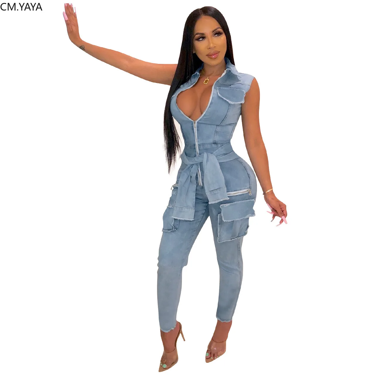 women button up sleeveless with pocket sleeve sashes safari denim jumpsuit classic fashion jeans romper playsuit 2 color GLQ314 | Женская
