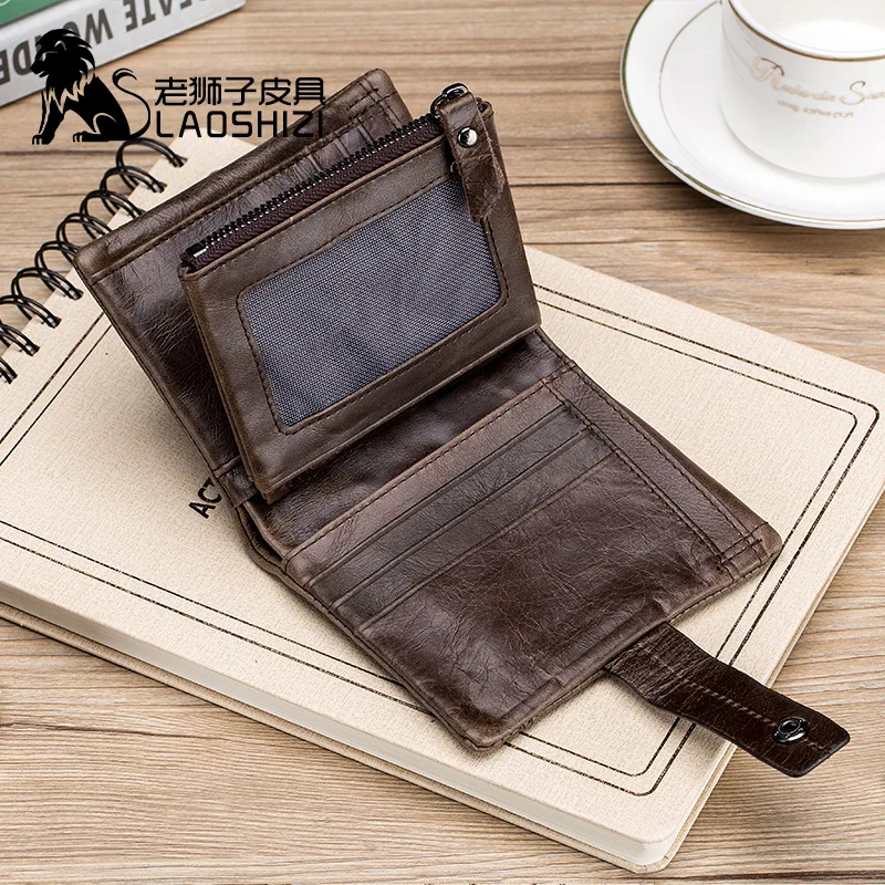 

LAOSHIZI Genuine Leather Men's Wallet Cowhide Man zipper Coin Purse Brand Male Credit card Removable Wallet hasp purse