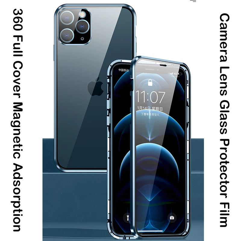 360 Full Cover Magnetic Case For iPhone 14 Pro MAX 13 Mini 12 11 14 Plus Metal Bumper Glass Camera Lens Protector Film Coque