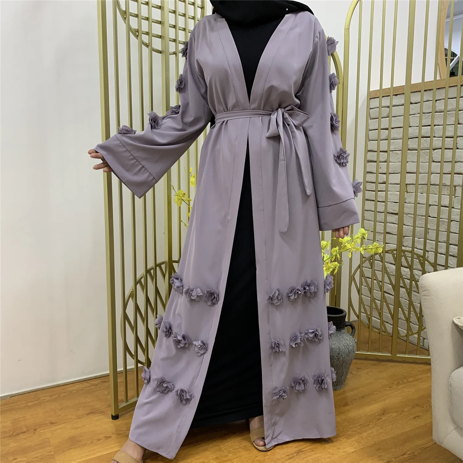 Мусульманское платье Donsignet, мусульманская Мода Ближнего Востока, ИД дуаби, абайя, турецкий халат, Свободный кардиган с 3D цветочным ремнем, ха...