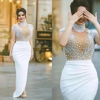 arabic satin mermaid long evening dresses 2020 sheer cap sleeves high neck pearls beaded split floor length prom party gowns