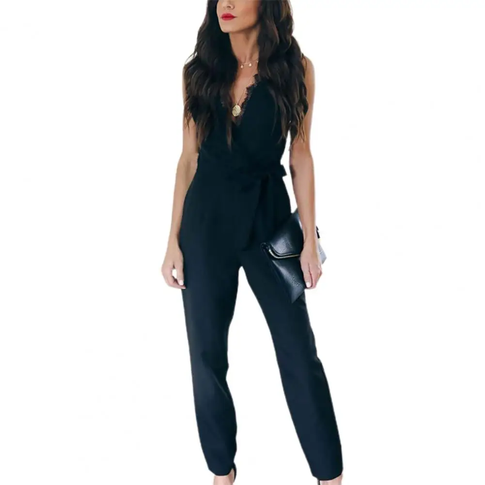 

80% Dropshipping!!2021 Summer Women's Jumpsuit V-neck High Waist Women's Solid Color Sleeveless Jumpsuit Workplace Commuter