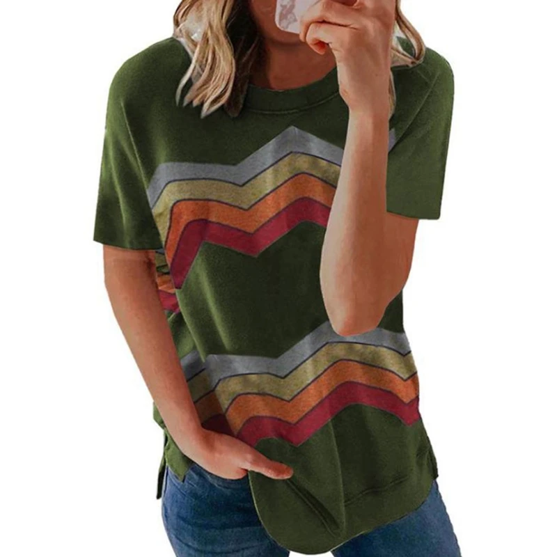 

X5XD Women Girls Summer Short Sleeve T-Shirt Female Stripe Shirts Round Neckline Casual Loose Tops Pullover