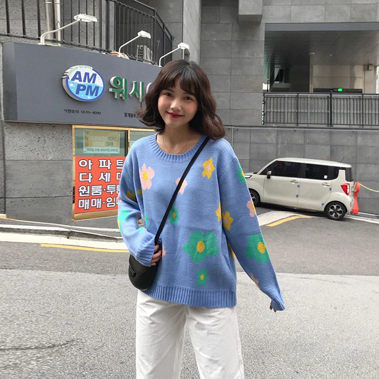 Винтажные очаровательные Цвет с цветами свитер женский в Корейском стиле Harajuku