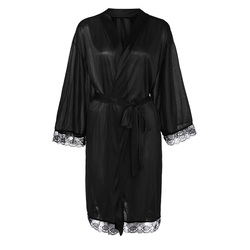 Женское сексуальное черное атласное кимоно халат кружевной банный нижнее белье