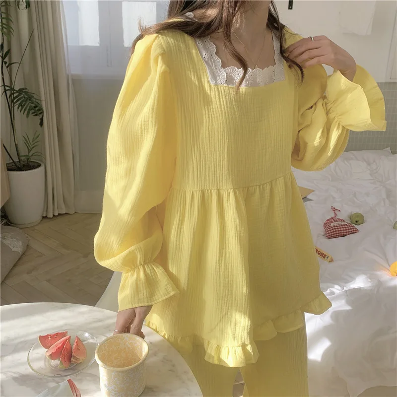 Qweek Women's Pajamas Summer 2021 Homesuit Princess Style Pyjamas Drawstring Sleeves Lace Pijamas  Sleepwear Home Clothe Cotton