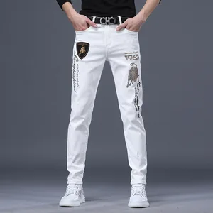 2021 new mens jeans mid waist slim fit feet elastic tide brand letter embroidery hot rhinestone casual cotton white trousers free global shipping