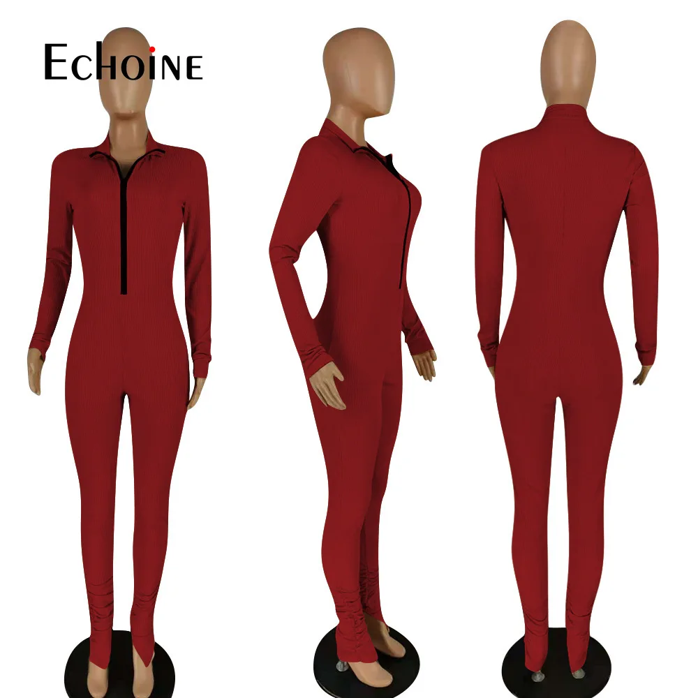 

Echoine Women Spring Autumn Solid Skinny Rompers Wear Zipper V Neck Long Sleeves Clubwear Sports Comfortable Stacked jumpsuit