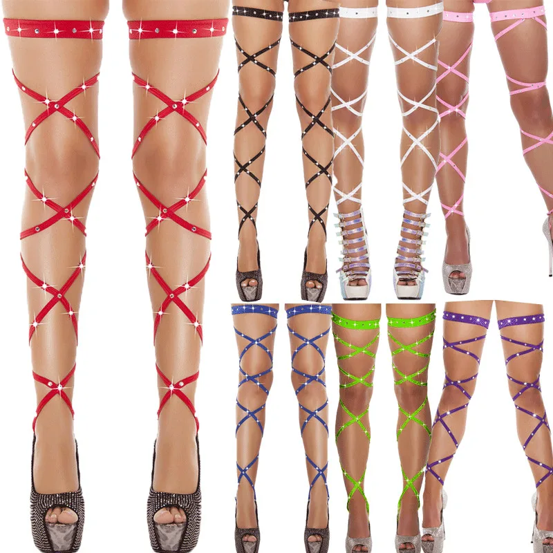 

Sexy Women Bandage Fishnet Stockings Lady Thigh High Leg Wraps Strappy Rhinestone Tights for Club Party 2020 New