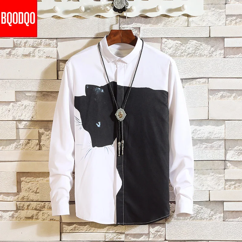 Рубашка мужская с длинным рукавом модная блуза забавным мультяшным принтом кота