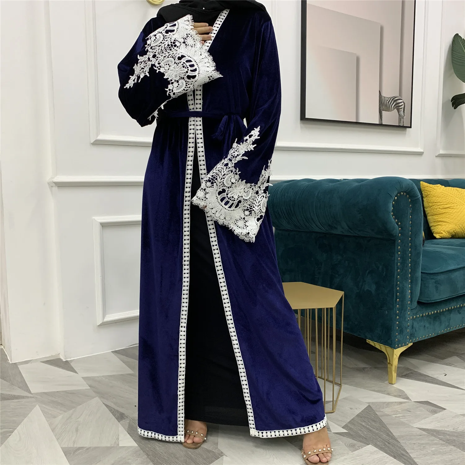 Модный женский бархатный кардиган Abaya Дубай средневосточного цвета с кружевной строчкой, золотистый халат, мусульманское платье