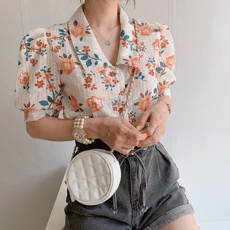 

Lucyever Summer Casual Loose Printing Chiffon Shirt Women Fashion Turndown Collar Puff Sleeve Blouse Woman Button Tops Ladies