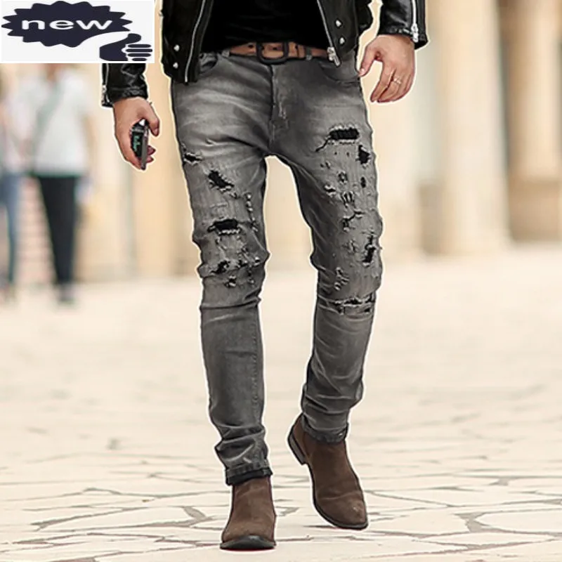 Fashion Mens Hole Ripped Skinny Male Jeans Slim Fit Long Trousers Washed Casual Streetwear Buttons Straight Denim Pants