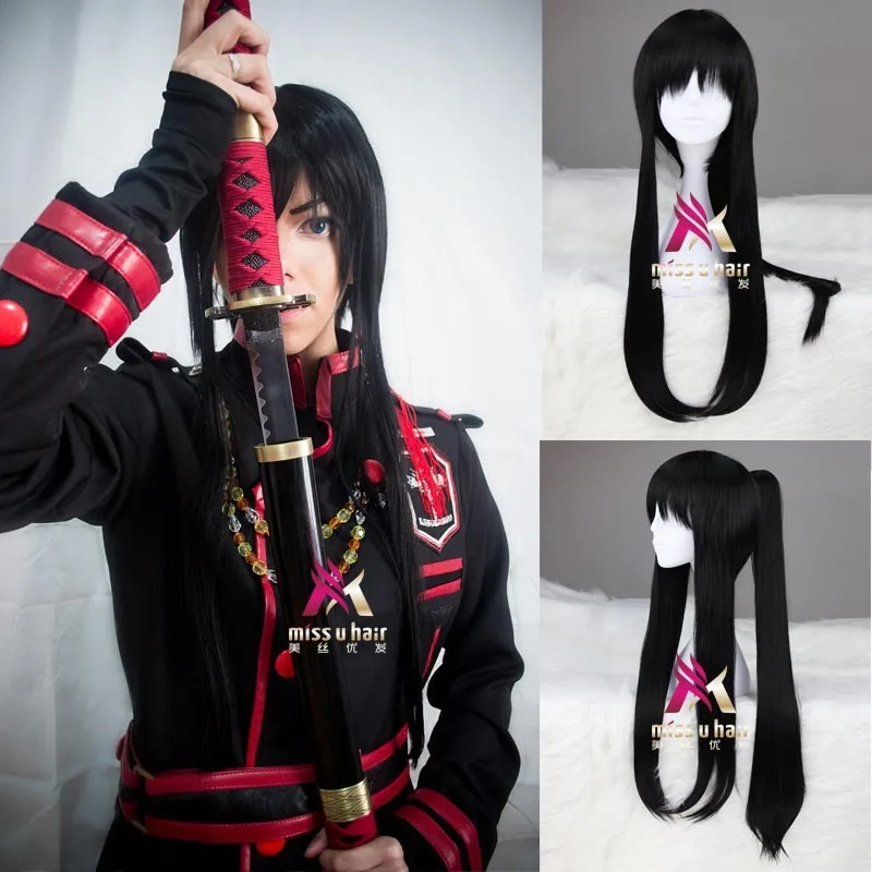 

new Synthetic Long Black D.Gray-man Yu Kanda Cosplay Wig halloween party Hair With One Ponytail Male Wigs Bangs+wig cap