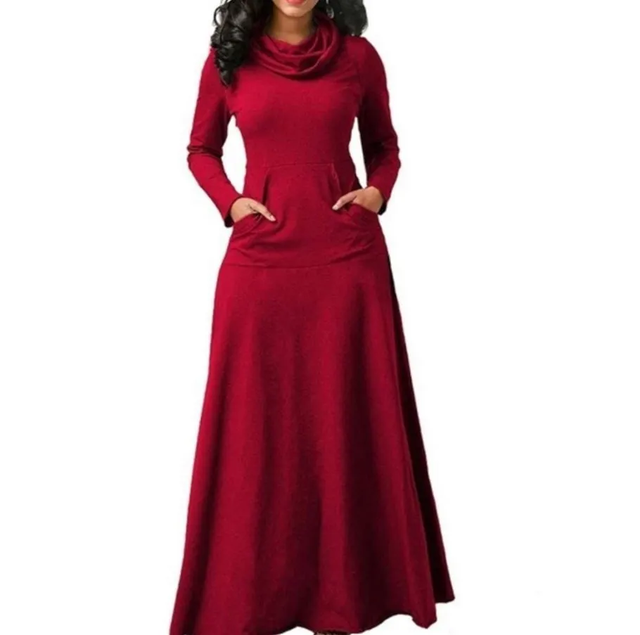 

Women Warm Dress With Pocket Casual Solid Vintage Autumn Winter Maxi Dress Robe Bow Neck Long Elegant Dress