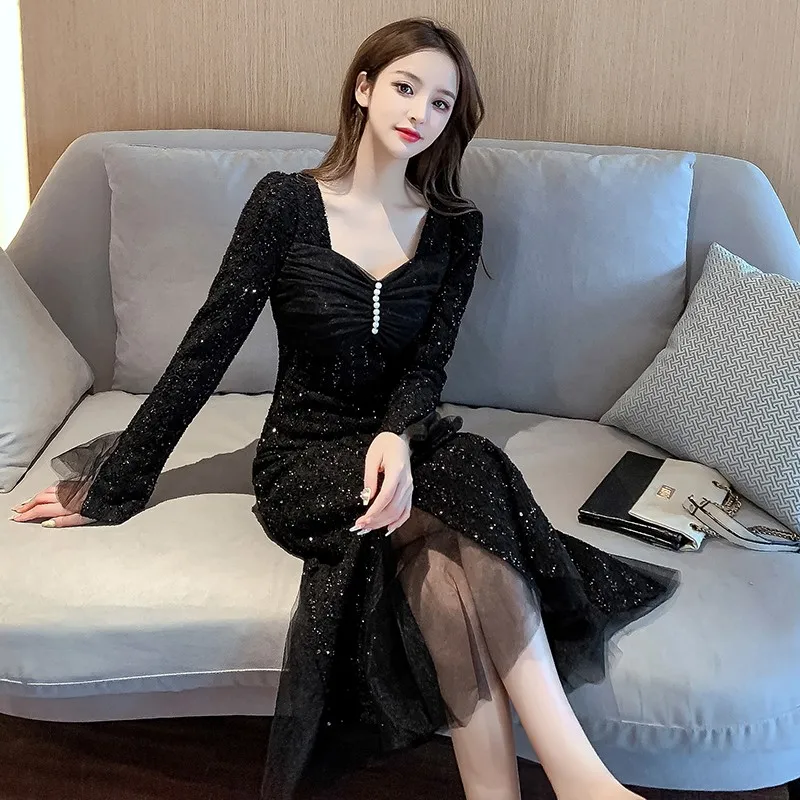

Women 2021 New Year Winter Spring Basic Wear Party Elegant Long Black Sheer Mesh Dress
