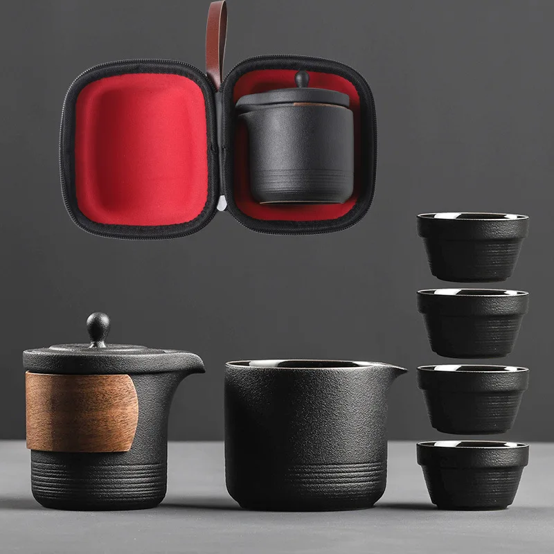 

Travel Kung Fu Tea Set Black Chinese Designer Teaware Vintage Portable One Pot Four Cups Car Portable Teapot Business Gift Coolt