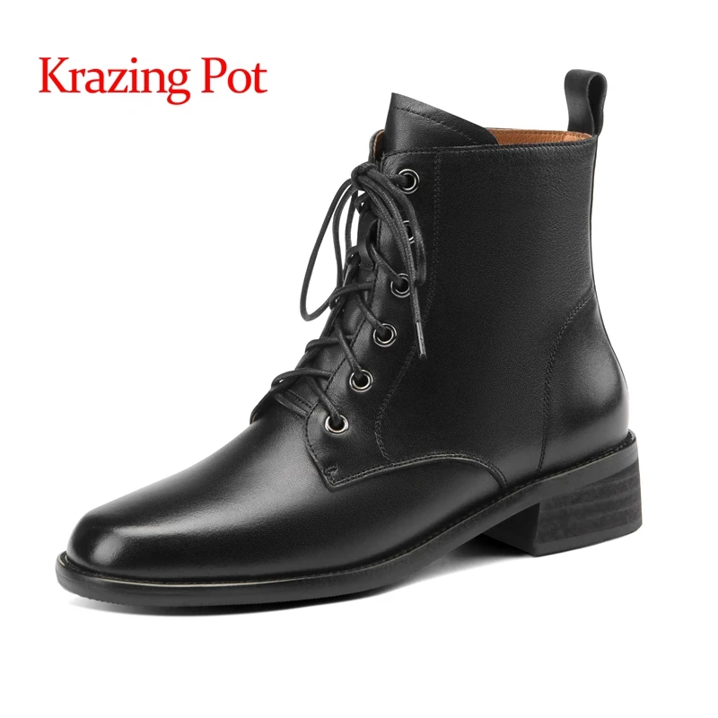 

Krazing pot preppy style retro fashion genuine leather round toe med heel cross-tied young lady daily wear cozy ankle boots L42