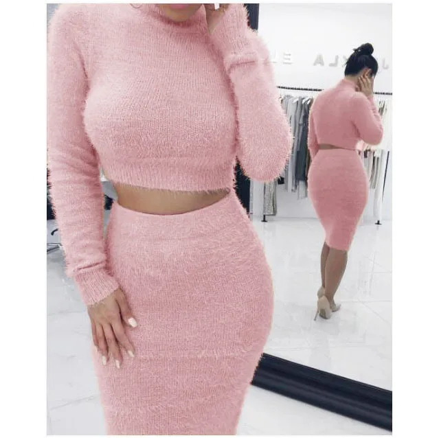 pink Зимний мягкий теплый вязаный комплект из 2 предметов с круглым вырезом, Повседневный свитер с длинным рукавом, юбка, женский свитер, костюмы, комплект из двух предметов для женщин - Цвет: pink