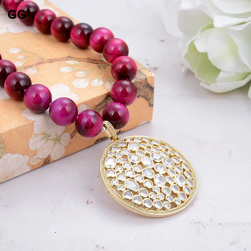 

GG Jewelry 23'' 14mm Round Fuchsia Red Tiger Eye Necklace Gold Color Plated CZ Pave Big Round Pendant For Women