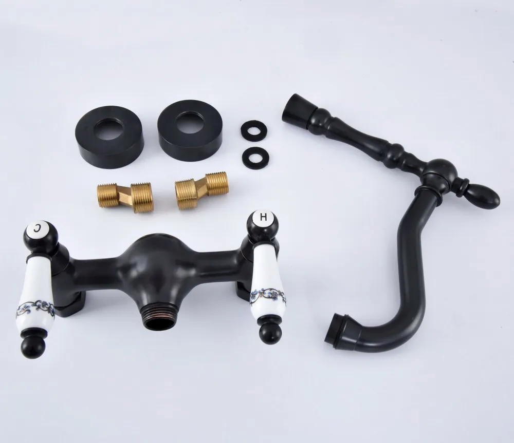 

Black Oil Rubbed Bronze Wall Mounted Double Ceramic Handles Bathroom Kitchen Basin Sink Faucet Tap Lsf703