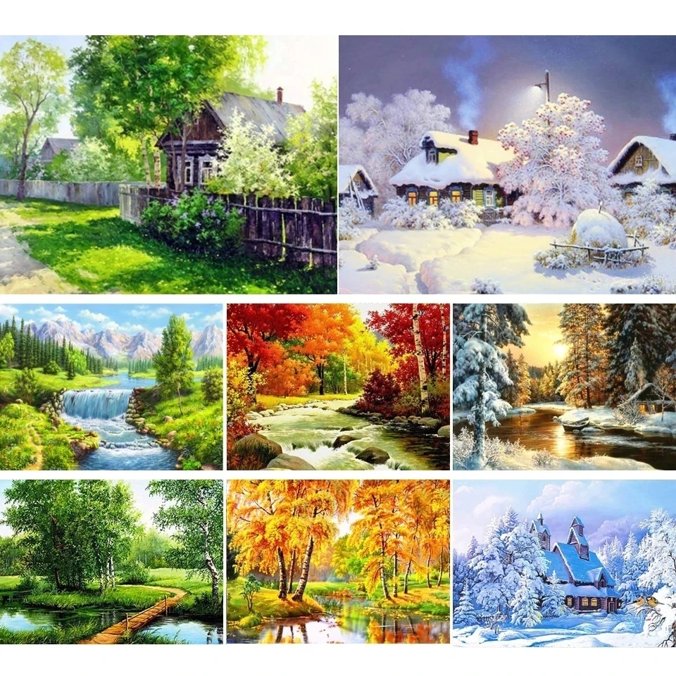 

Four Seasons Scenery of Forest Hut Diamond Embroidery Home Decor Diy Diamond Painting Full Square Round Rhinestone Mosaic Art