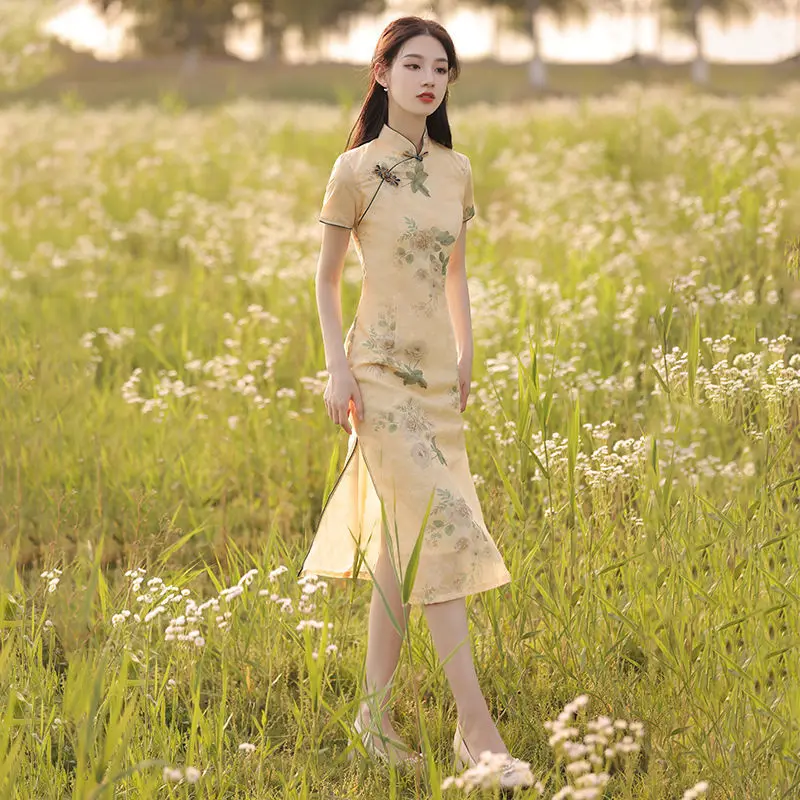 Floral Qipao Women's Traditional Chinese Cheongsam Dresses Vestido Printing Stand Collar Short Sleeve Elegant Retro Plus Size