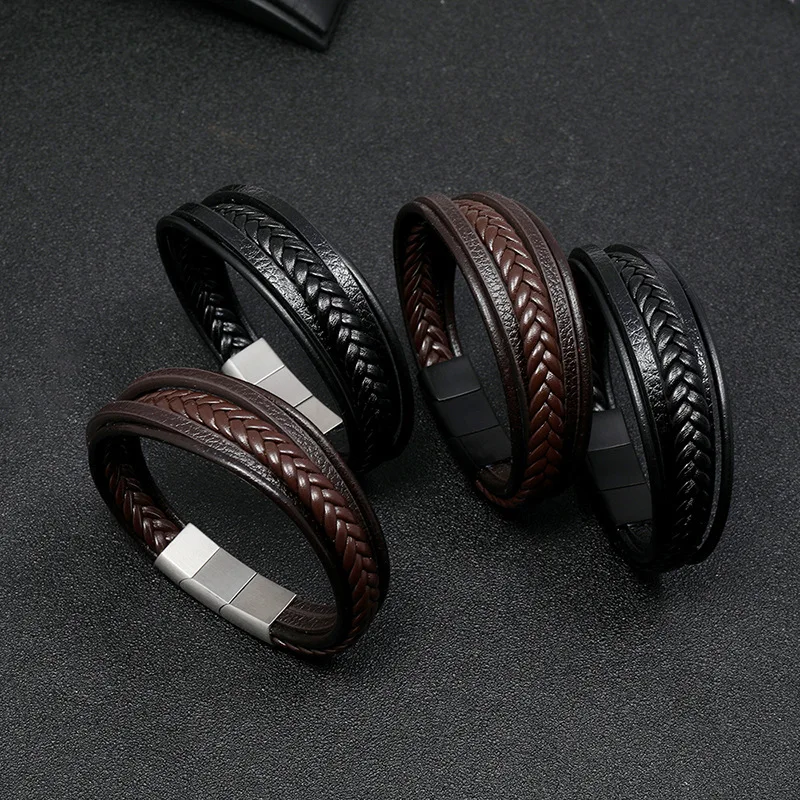 

Hot Sale Woven Bracelets Stainless Steel Magnetic Snap Men's Cattle Leather Bracelet Multi-Layer Leather Rope Bracelet Gifts