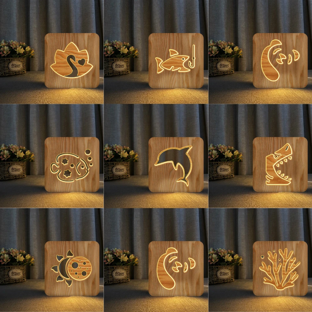 Usb портами и светодиодным индикатором ночного светильник деревянные рыбы акулы