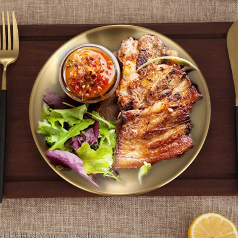 Утолщенный круглый поднос из нержавеющей стали для кафе фруктов тортов стейков