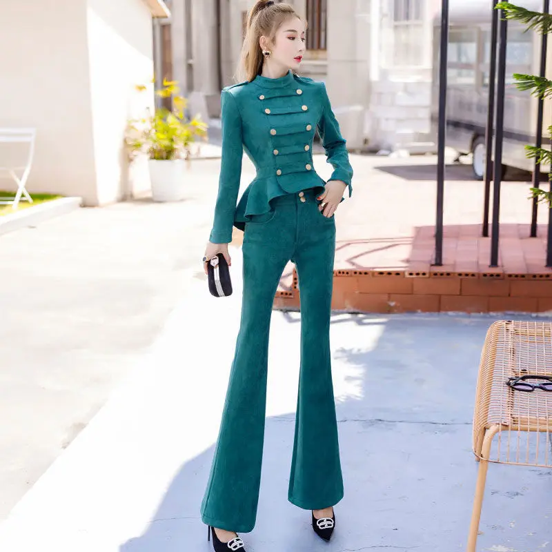 

Autumn Winter New Office Wear Two Piece Solid Suit Elegant Long Sleeved Jacket & Flared Pants Sets Ladies 2 Pieces Suits H339