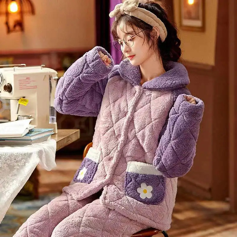 Winter Warm Pajamas Sets Women Three-Layer Thicken Flannel Sleepwear 2Piece/Set Coral Fleece Long-Sleeved Trousers Home Clot