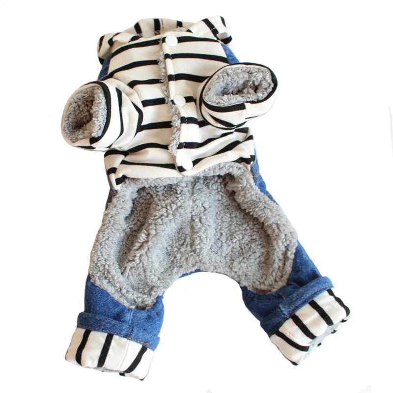 Толстый теплый зимний комбинезон для собак с флисовой подкладкой джинсовый в