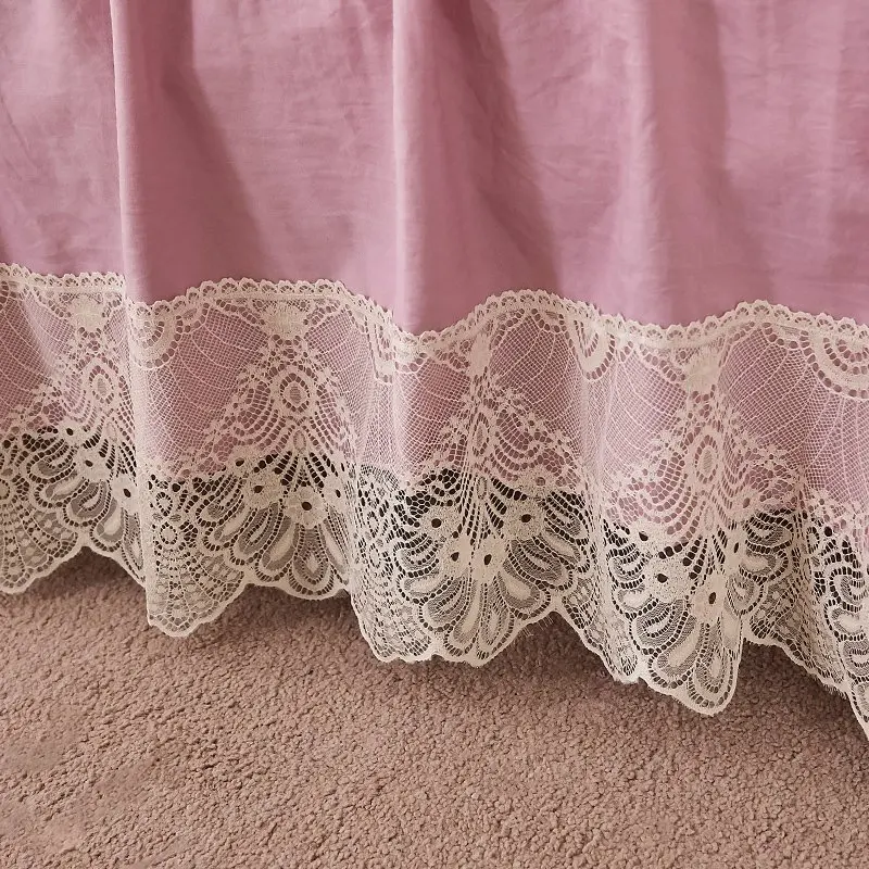 Розовые оборки Корейская кружевная постельная юбка наматрасник комплект для
