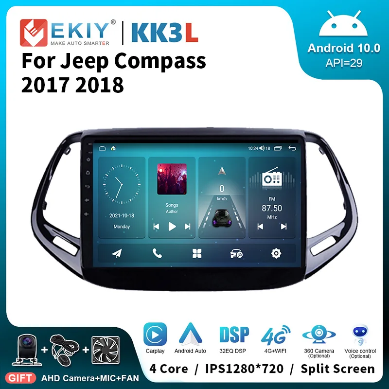 

Автомагнитола EKIY KK3L, Android, для Jeep Compass 2017 2018 1280 IPS 720 * P, мультимедийная навигация, GPS, для Carplay, типоразмер 2 Din