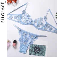 ellolace sexy erotic lingerie womens underwear set floral applique lace transparent brief sets sensual bra and panty setup