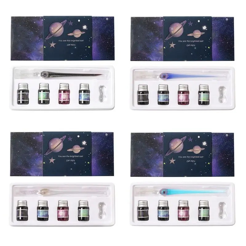 

1Set Planet Theme Dip Pen 4 Color Ink Kit Glass Painting Pen Student Stationery Drop shipping