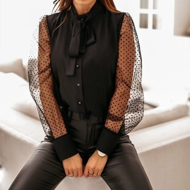 

Transparent Manche Longue epissee femmes Chemisiers a Noeud a Pois Imprime Col Montant Simple Boutonnage Bureau Dame Femme