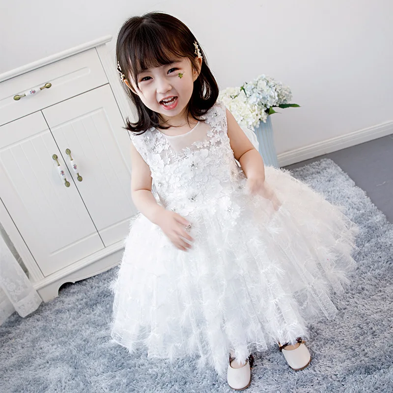 

Lace White Tulle Flower Baby Girl Elegant Ceremony Sleevess Pageant Princess Dress for Party Wedding Girl First Communion Gown