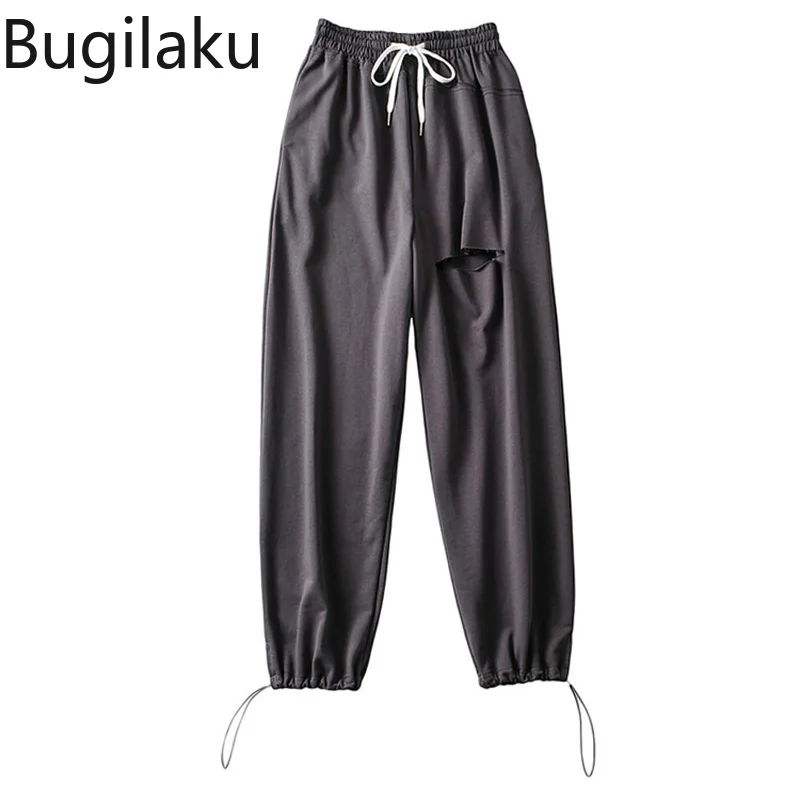 

Bugilaku Hole Design High Waist Pants Women Solid Color Casual Sweeatpants New Arrival 2021 Loose Straight Pantalones Femme