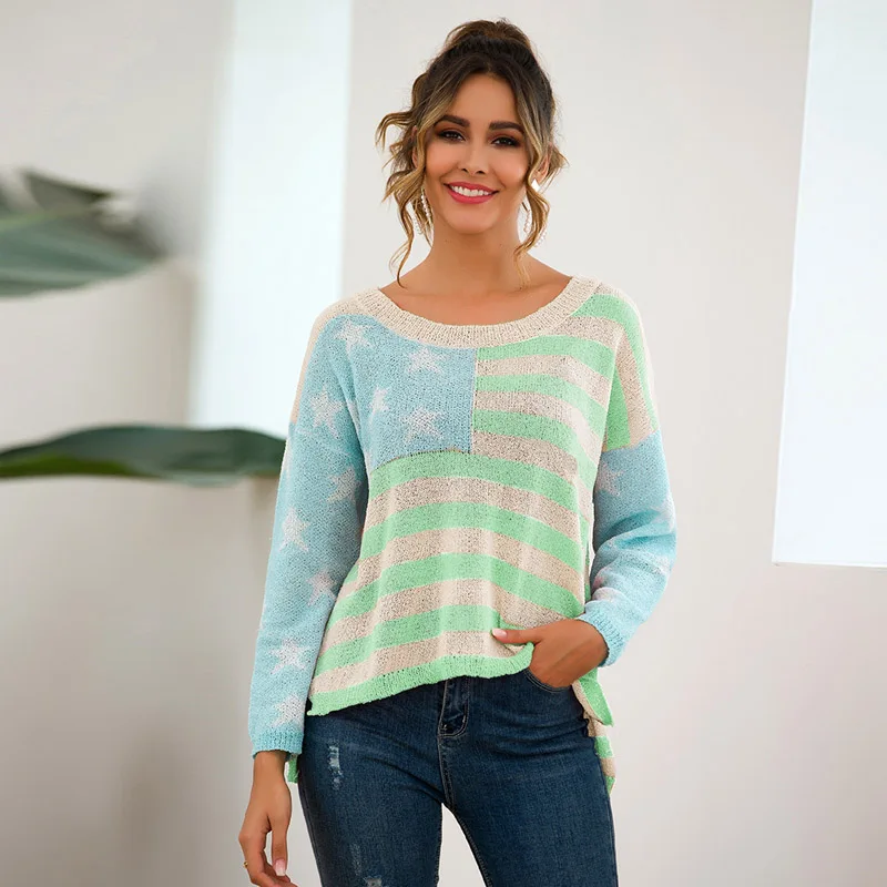 New Arrival Womens Long Sleeved Stars Stripes Sweater Color Matching Casual Pullover | Женская одежда
