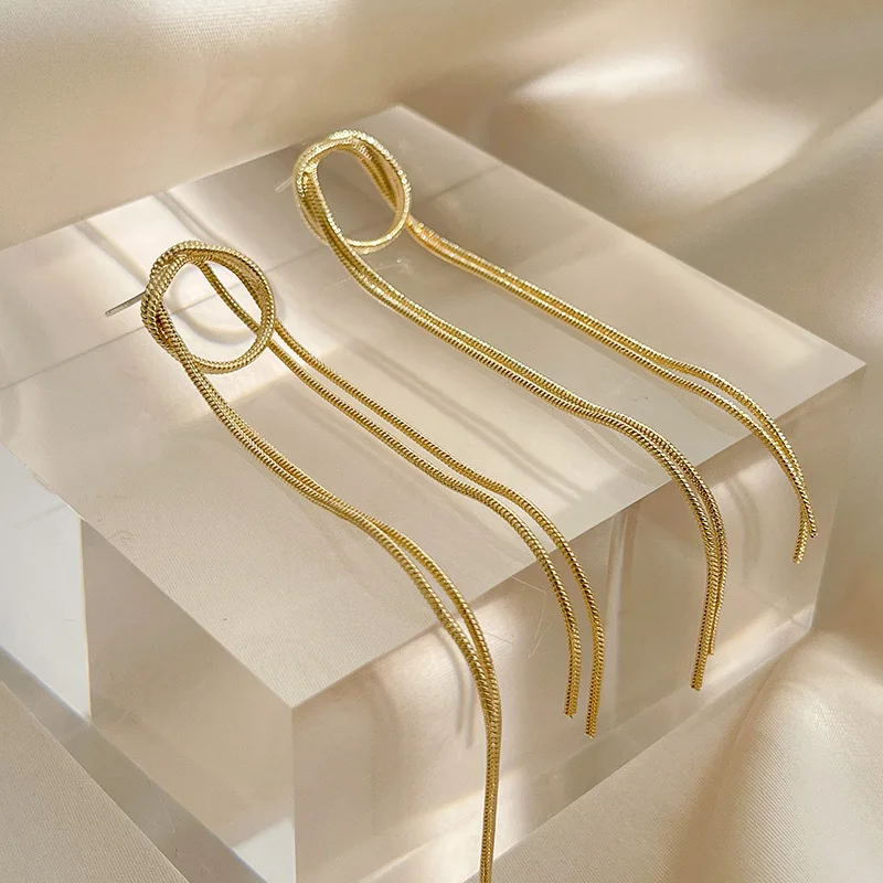 

SRCOI Trendy Twisted Snake Bone Chain Tassel Earrings Simple Temperament Golden Long Drop Earrings Women Party Jewelry 202104