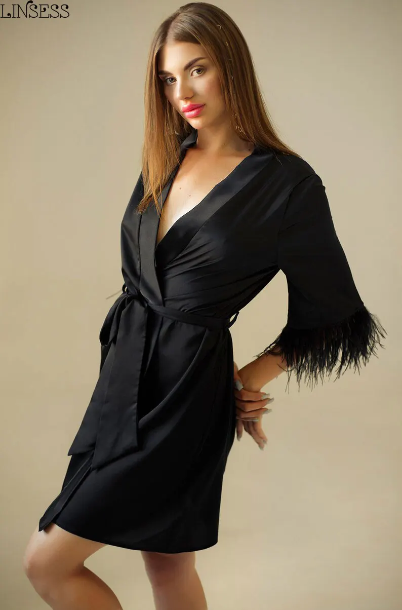 Black Silk Robe Feather Robes For Women Kimono Robe Birthday Gift Bohemian Dressing Gown Bridesmaid Kimono Wedding Dressing Gown