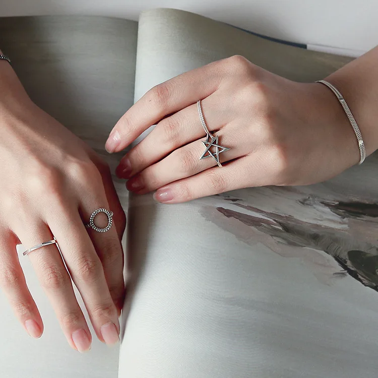 

Personality Vintage Silver Color David Star Rings For Women Punk Thai Silver Resizable Size Finger Rings