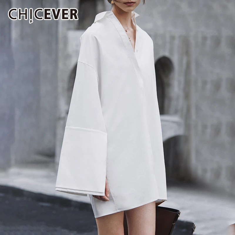 CHICEVER корейское свободное прямое платье-рубашка для женщин воротник с отворотом