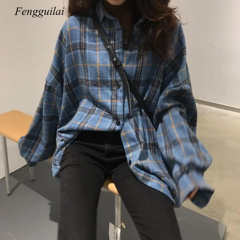 

Korean Style Oversized Plaid Shirts Blouse Women Autumn Cotton Blouse Long Sleeve Plus Size Blouses 2020 Button Up Shirt Blusas