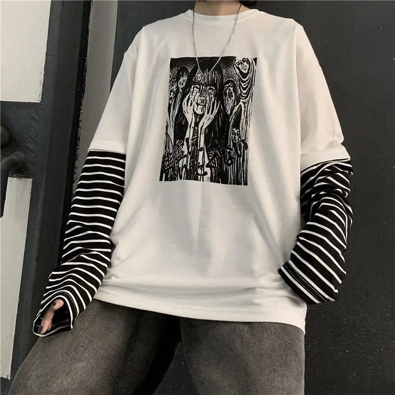 

T-shirt Women Fake 2 Pieces Print Japanese Fujiang Horror Comics Plus Size Long Sleeve Women Vetement Femme Friends