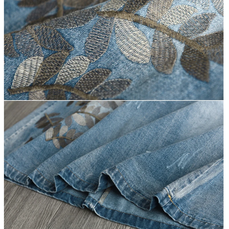 

NINI WONDERLAND 2021 Spring Embroidery Leaves Denim Skirt Autumn Women Vintage A-line Midi Skirts Elastic Waist Casual Skirts