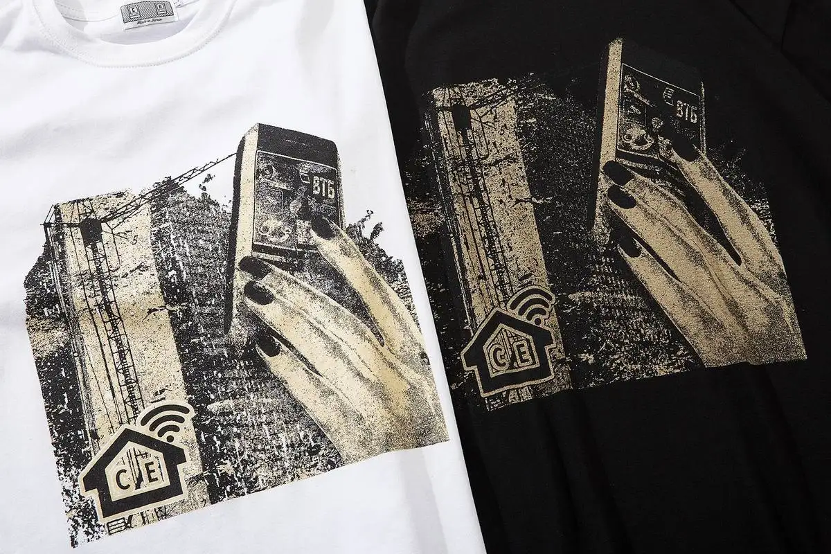 

CAVEMPT C. E t shirt EU size cotton phone building print CAVEMPT top tees men women kanye west hip hop CAVEMPT t-shirts