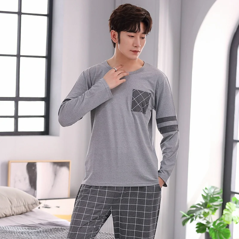 

2021 Spring Autumn Men Cotton Pajamas Long Sleeve Male Pajama Set Men Long Pants Pajamas For Men New Sleepwear Suit Homewear 4XL